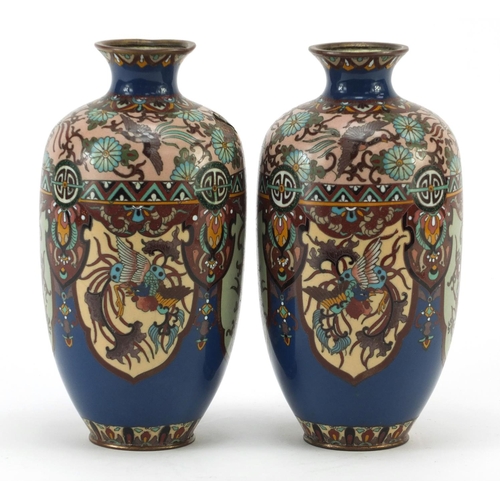 3387 - Pair of Japanese cloisonné vases enamelled with panels of birds of paradise and dragons, each 18.5cm... 