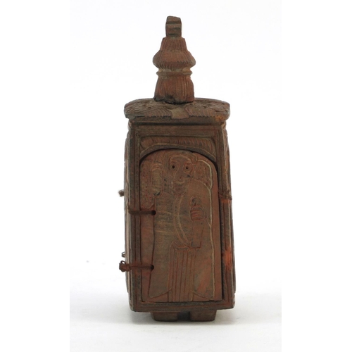 3828 - Russian Orthodox terracotta travelling shrine carved with figures and Orthodox crosses, 11.5cm high