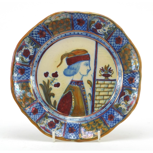 3915 - Antique Italian lustre pottery plate hand painted with a young figure and flowers, 21cm in diameter