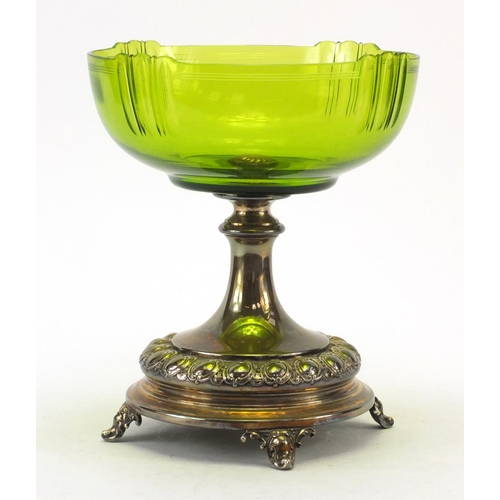 3332 - German Art Nouveau WMF silver plated comport with green cut glass bowl, 26cm high