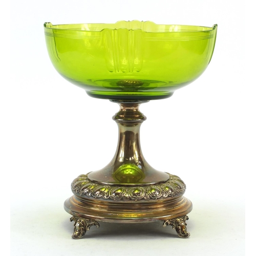 3332 - German Art Nouveau WMF silver plated comport with green cut glass bowl, 26cm high