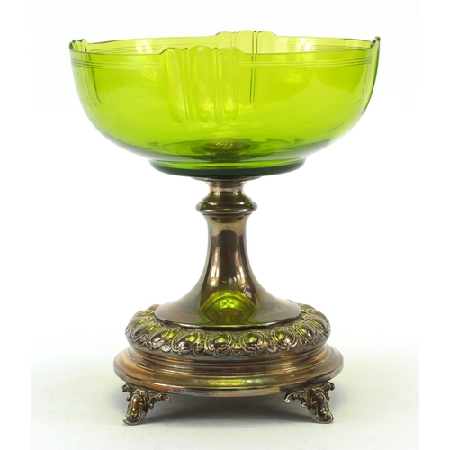 3332 - German Art Nouveau WMF silver plated comport with green cut glass bowl, 26cm high