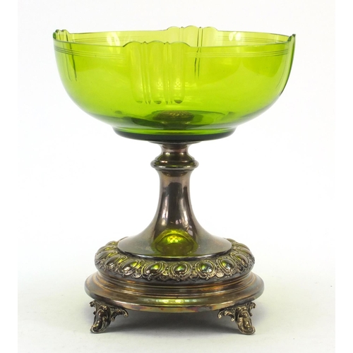 3332 - German Art Nouveau WMF silver plated comport with green cut glass bowl, 26cm high