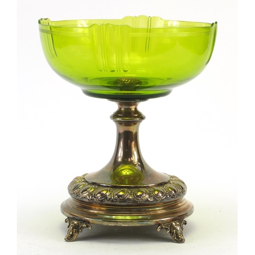 3332 - German Art Nouveau WMF silver plated comport with green cut glass bowl, 26cm high