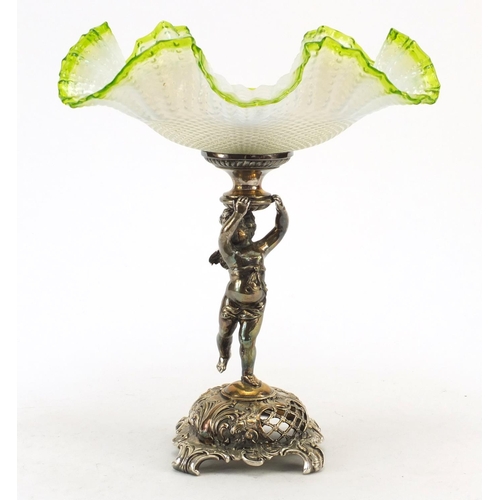 3488 - German Art Nouveau silver plated Putti design comport with green and vaseline glass frilled bowl by ... 