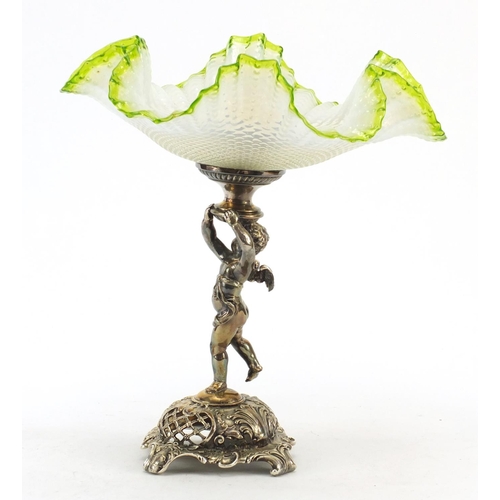 3488 - German Art Nouveau silver plated Putti design comport with green and vaseline glass frilled bowl by ... 