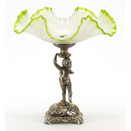 3488 - German Art Nouveau silver plated Putti design comport with green and vaseline glass frilled bowl by ... 