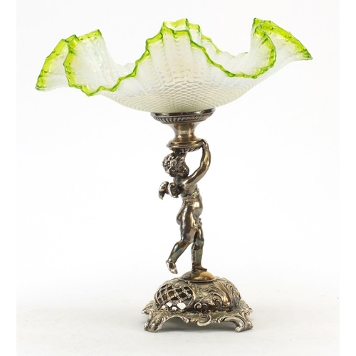 3488 - German Art Nouveau silver plated Putti design comport with green and vaseline glass frilled bowl by ... 