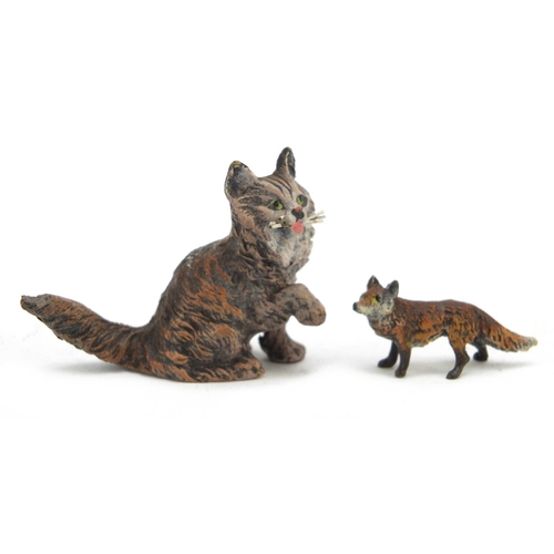 3453 - Two cold painted bronze animals comprising a fox and cat, the largest 3.5cm high