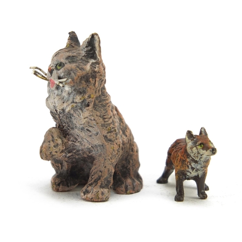 3453 - Two cold painted bronze animals comprising a fox and cat, the largest 3.5cm high