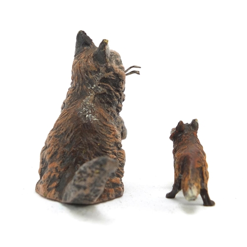 3453 - Two cold painted bronze animals comprising a fox and cat, the largest 3.5cm high