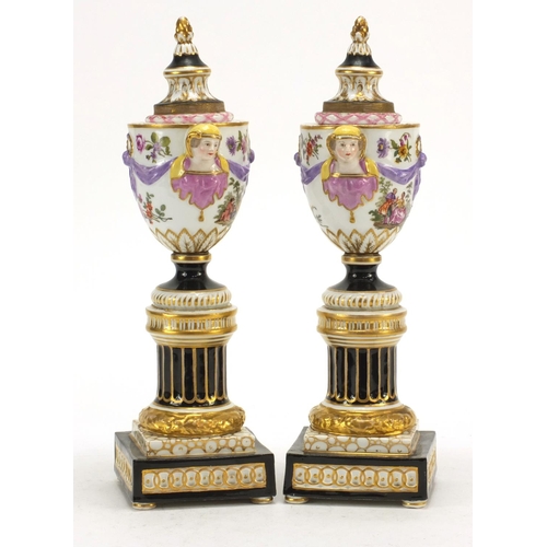 3278 - Pair of 19th century Augustus Rex campana urn vases/candlesticks with mask handles, each hand painte... 