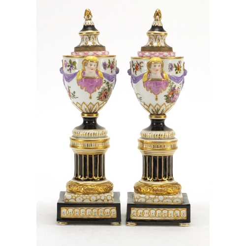 3278 - Pair of 19th century Augustus Rex campana urn vases/candlesticks with mask handles, each hand painte... 