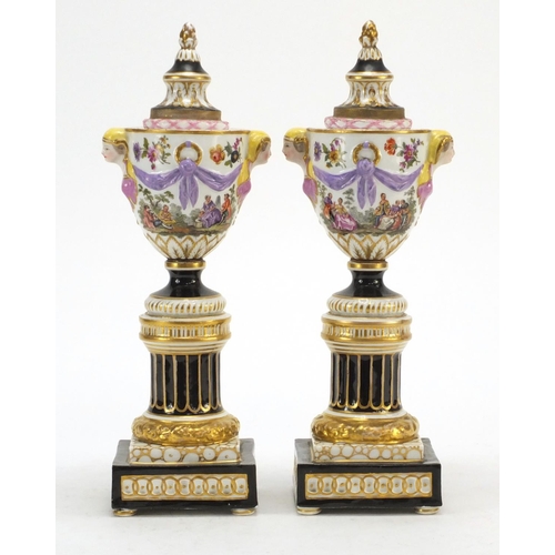 3278 - Pair of 19th century Augustus Rex campana urn vases/candlesticks with mask handles, each hand painte... 