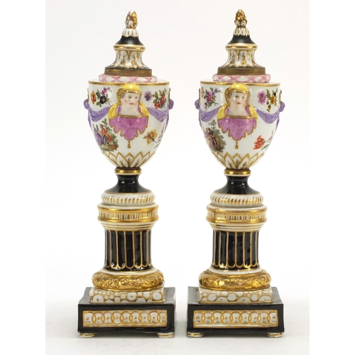 3278 - Pair of 19th century Augustus Rex campana urn vases/candlesticks with mask handles, each hand painte... 