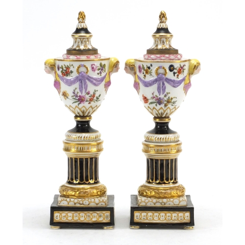 3278 - Pair of 19th century Augustus Rex campana urn vases/candlesticks with mask handles, each hand painte... 