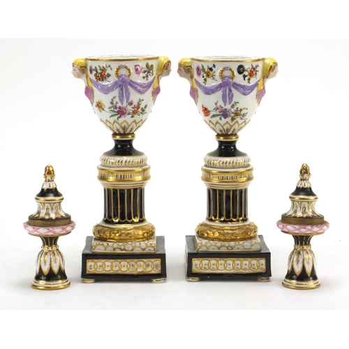 3278 - Pair of 19th century Augustus Rex campana urn vases/candlesticks with mask handles, each hand painte... 