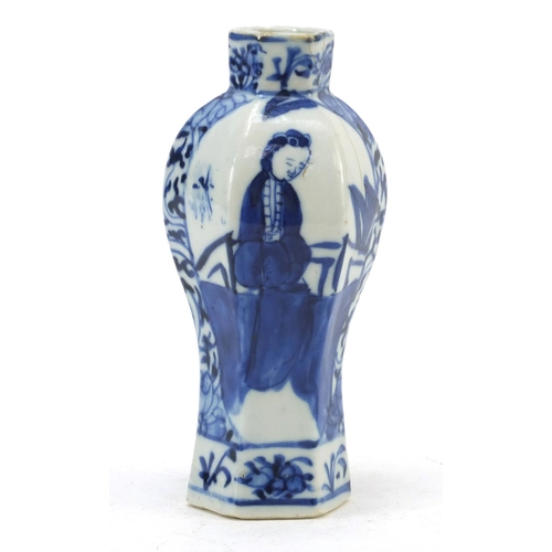 3212 - Chinese blue and white porcelain hexagonal vase, hand painted with two girls, four figure character ... 