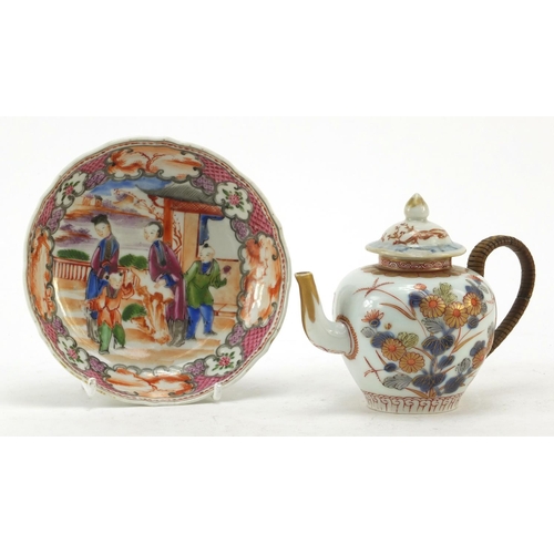 3208 - Chinese porcelain teapot and a saucer hand painted in the Mandarin palette with figures, the largest... 