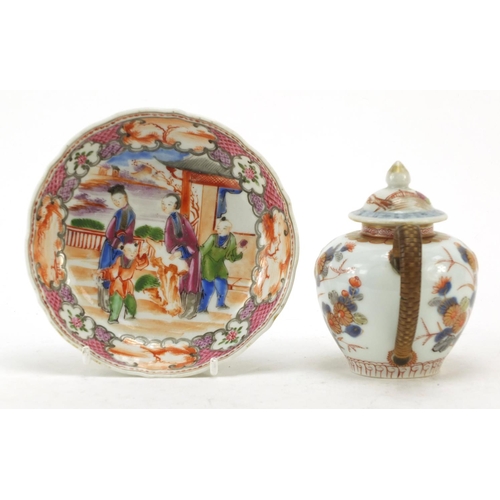 3208 - Chinese porcelain teapot and a saucer hand painted in the Mandarin palette with figures, the largest... 