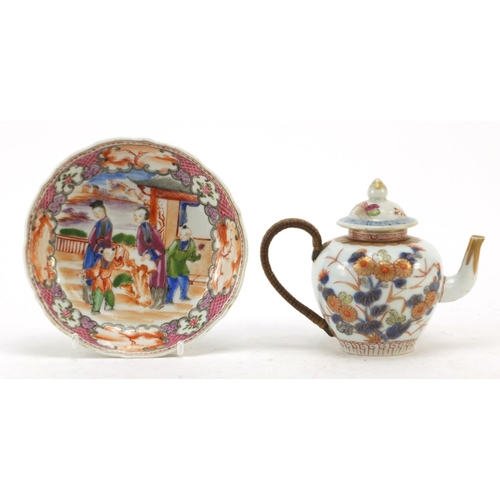 3208 - Chinese porcelain teapot and a saucer hand painted in the Mandarin palette with figures, the largest... 