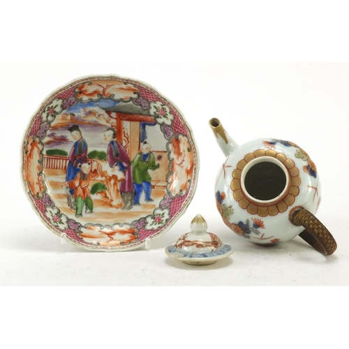 3208 - Chinese porcelain teapot and a saucer hand painted in the Mandarin palette with figures, the largest... 