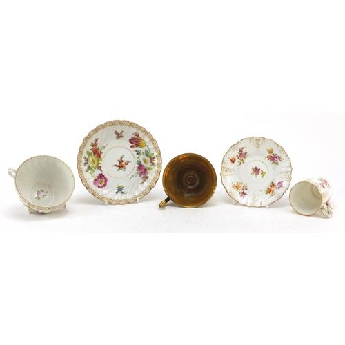 3912 - Two Dresden porcelain cabinet cups and saucers and a Vienna jewelled cup finely hand painted with a ... 