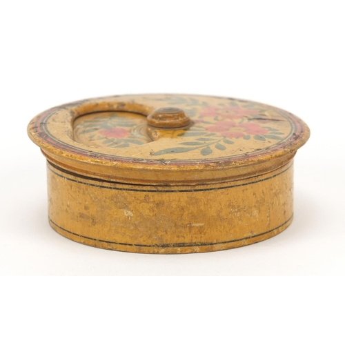 3991 - Antique Tunbridge Ware style container hand painted with flowers, 8cm in diameter