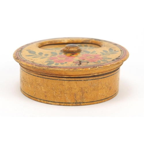 3991 - Antique Tunbridge Ware style container hand painted with flowers, 8cm in diameter