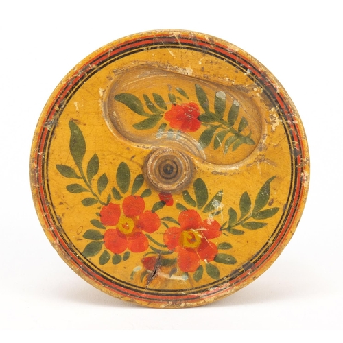 3991 - Antique Tunbridge Ware style container hand painted with flowers, 8cm in diameter