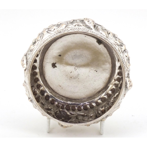 4137 - Circular unmarked Burmese silver bowl embossed with deities, 10cm in diameter, 82.8g