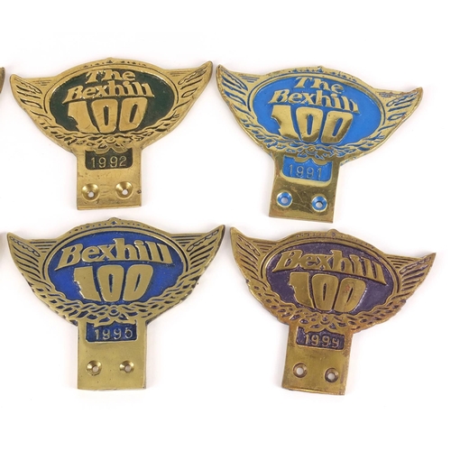 3240 - Six vintage Bexhill 100 car year badges, each 10cm high