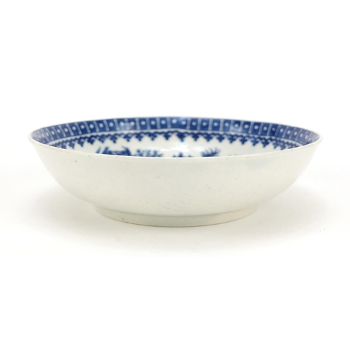 3277 - 18th century English porcelain saucer decorated in the chinoiserie manner with fisherman pattern, mo... 