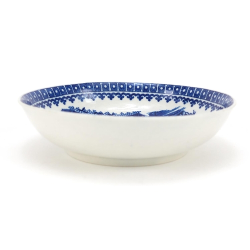 3277 - 18th century English porcelain saucer decorated in the chinoiserie manner with fisherman pattern, mo... 