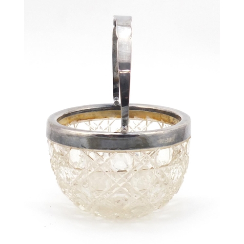 3870 - Edward VII cut glass basket with silver mount and swing handle, London 1906, 11cm in diameter