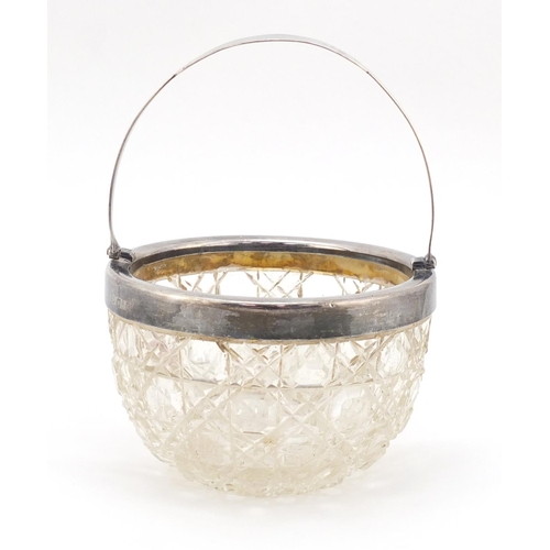 3870 - Edward VII cut glass basket with silver mount and swing handle, London 1906, 11cm in diameter