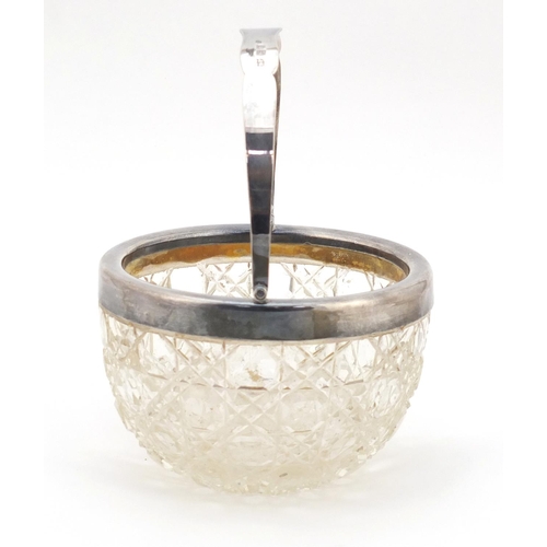 3870 - Edward VII cut glass basket with silver mount and swing handle, London 1906, 11cm in diameter