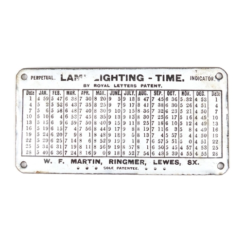 3907 - Lamp lighting time perpetual indicator enamel plaque by Royal Letters Patent, 15cm x 7.5cm