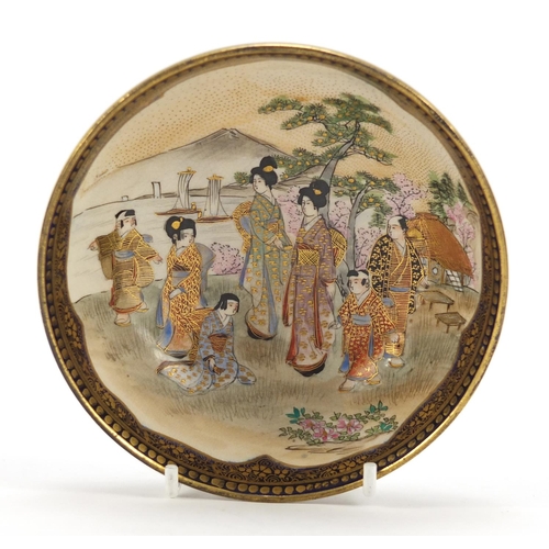 3559 - Japanese Satsuma pottery bowl hand painted and gilded with figures in a landscape and flowers, chara... 