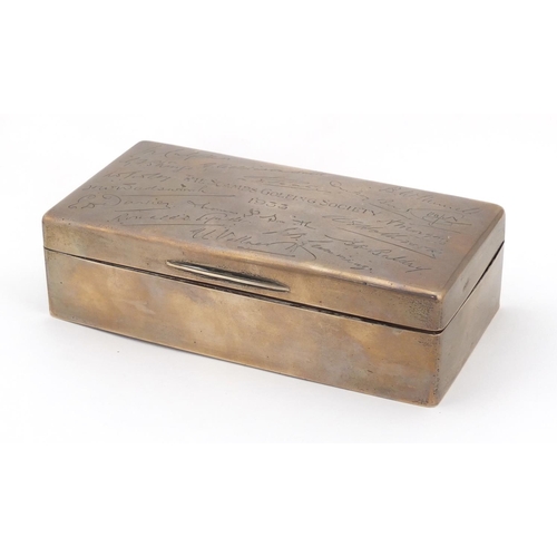 3337 - George V rectangular silver golfing interest cigar box by Mappin & Webb, the hinged lid with The Sca... 