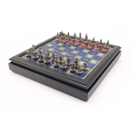 4111 - Battle of Waterloo chess set with board by The Franklin Mint, the board 34cm x 34cm, the largest pie... 