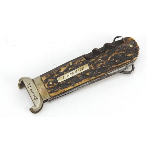 3248 - English Coachman/horseman's folding multi tool with horn grip and steel blades engraved H Hurst of B... 