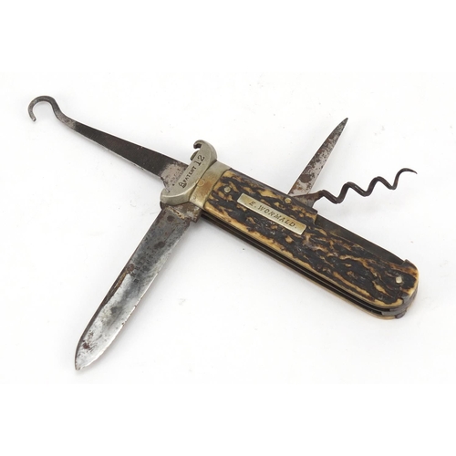 3248 - English Coachman/horseman's folding multi tool with horn grip and steel blades engraved H Hurst of B... 