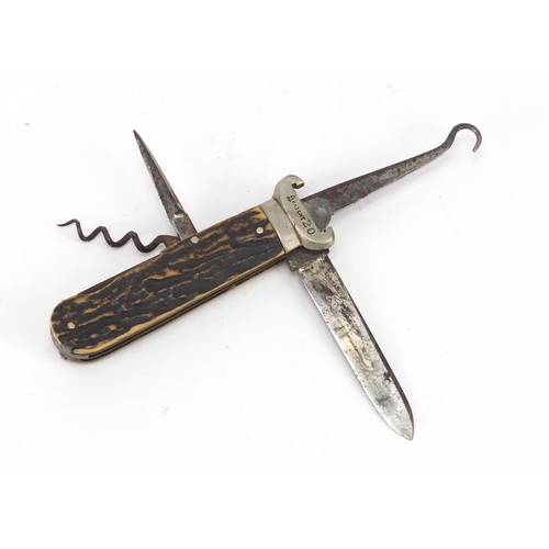 3248 - English Coachman/horseman's folding multi tool with horn grip and steel blades engraved H Hurst of B... 