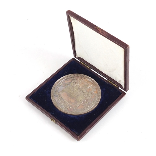 3311 - Rare Victorian Mulready silver coloured metal medallion commemorating the 50th anniversary of the pe... 