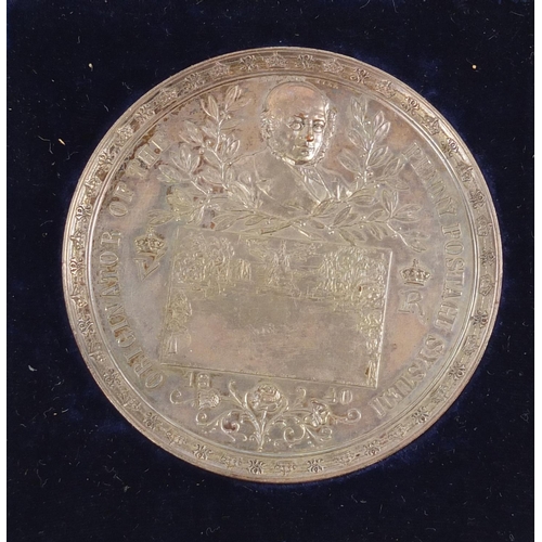 3311 - Rare Victorian Mulready silver coloured metal medallion commemorating the 50th anniversary of the pe... 