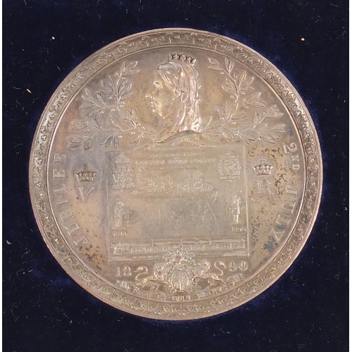 3311 - Rare Victorian Mulready silver coloured metal medallion commemorating the 50th anniversary of the pe... 