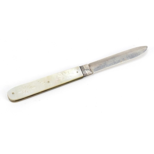 3984 - Antique objects comprising a Victorian silver bladed mother of pearl flanked folding fruit knife, 18... 