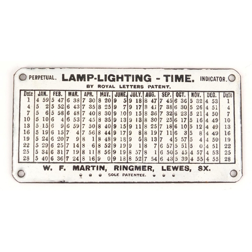 3450 - Lamp lighting time perpetual indicator enamel plaque by Royal Letters Patent, 15cm x 7.5cm