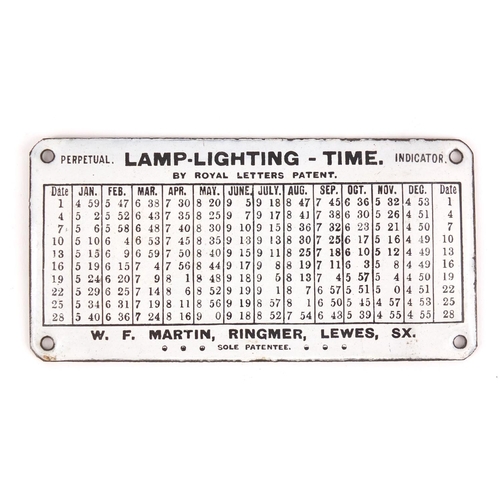 3180 - Lamp lighting time perpetual indicator enamel plaque by Royal Letters Patent, 15cm x 7.5cm